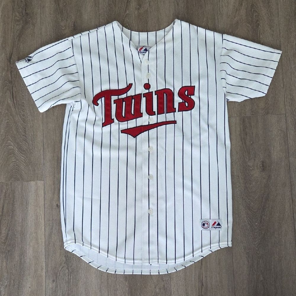 Majestic MLB Vintage Minnesota Twins Striped Baseball Jersey - White and Red
